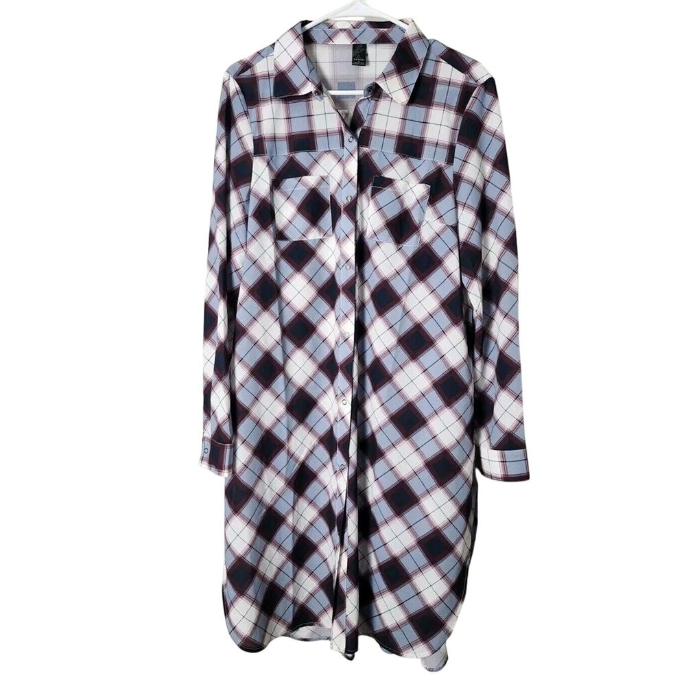 Prana Shirt Dress Size Medium Plaid Snap Front Side Split Long Sleeve